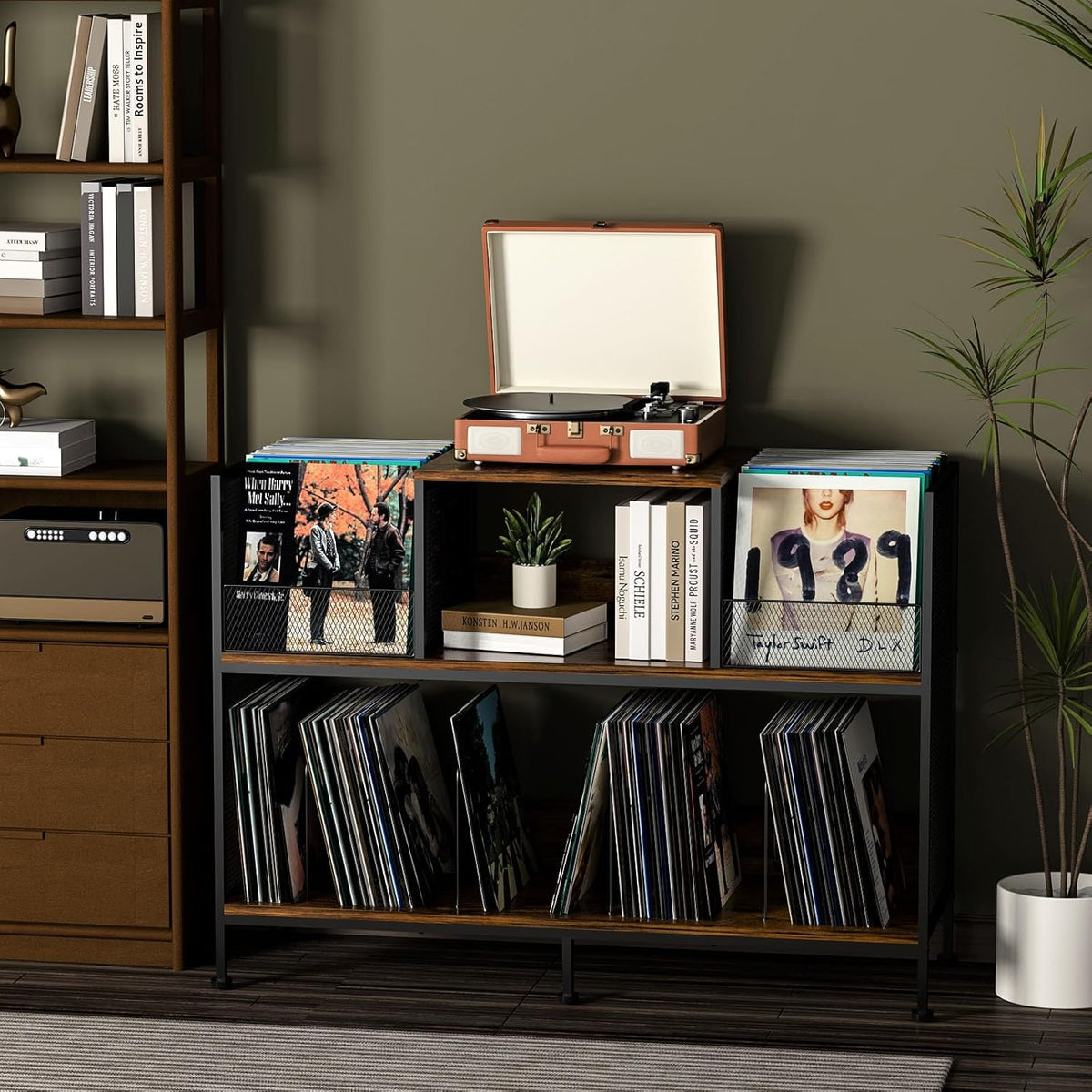Large Vintage Record Player Table with 4 Adjustable Dividers, Vinyl Record Storage Cabinet for Up to 350 Albums, Medieval Turntable Stand for Living Room, Bedroom (Patent Pending)