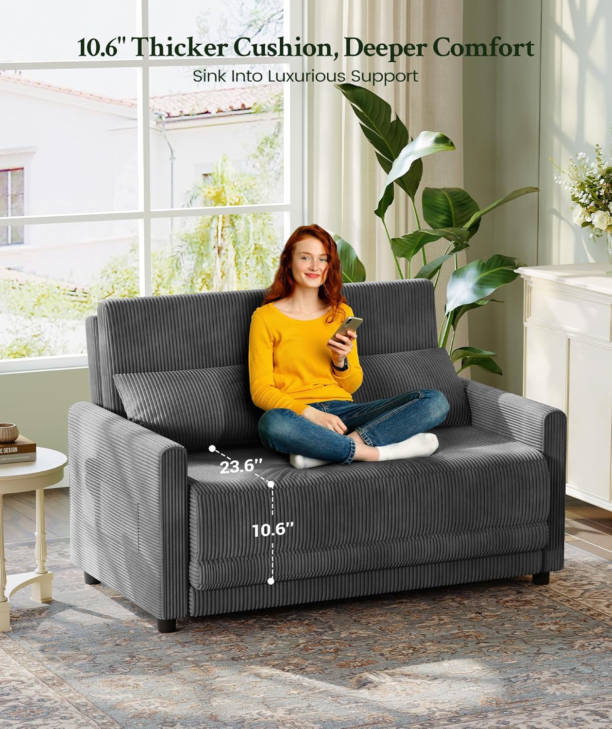 53” Convertible Sofa Bed Couch, Corduroy Couch Bed, 6-Position Loveseat Sleeper Sofa, Love Seat Sleeper Bed 23.6" Extra Deep Seat, Modern Couches for Living Room/Apartment/Home/Office, Grey
