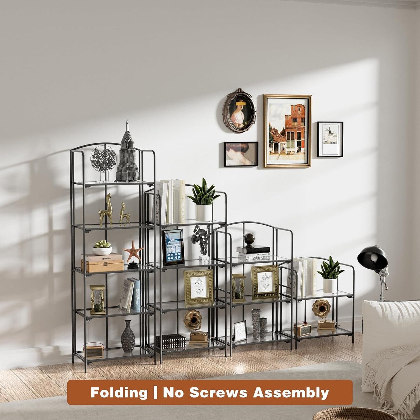 Crofy No Assembly Folding Bookshelf for Living Room, 4 Tier Black Collapsible Book Shelf for Home Office, Portable Bookcase Storage Organizer