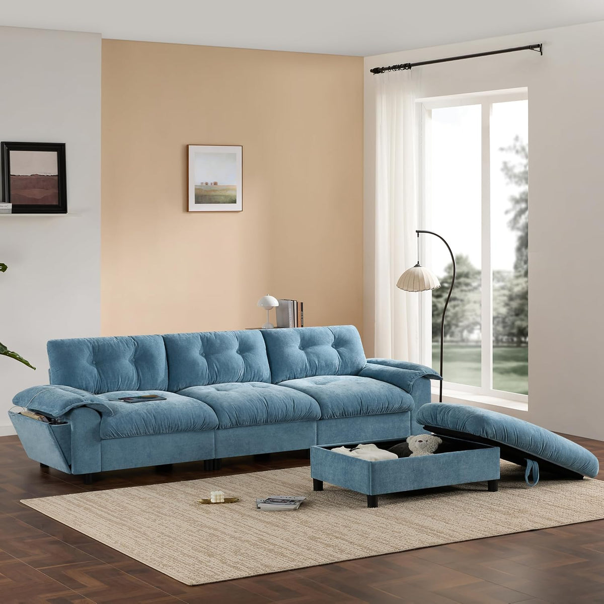 Mreax L-Shape Sectional Sofa with Movable Storage Ottoman and Multifunctional Armrest, 4 Seater Oversized Chenille Upholstered Cloud Couch for Living Room, Apartment, Unique Tufted Design, Light Blue