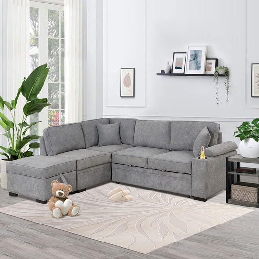 Ball & Cast Sleeper Sofa Bed L Shaped Couch with Storage Ottoman,Pull-Out Sectional Sofa Couch w/Cup Holder and Charging Stations,for Living Room and Small Apartment,Grey
