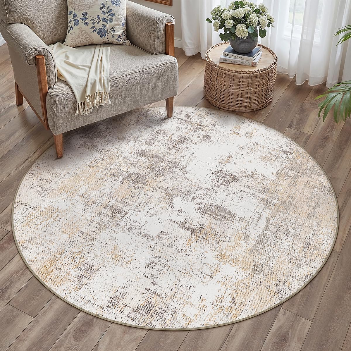 3x3 Washable Round Rug Beige Grey Neutral Abstract Entryway Non Slip Low Pile Area Rug Living Room Bedroom Indoor Doormat Small Soft Carpet for Entrance Bathroom Kitchen
