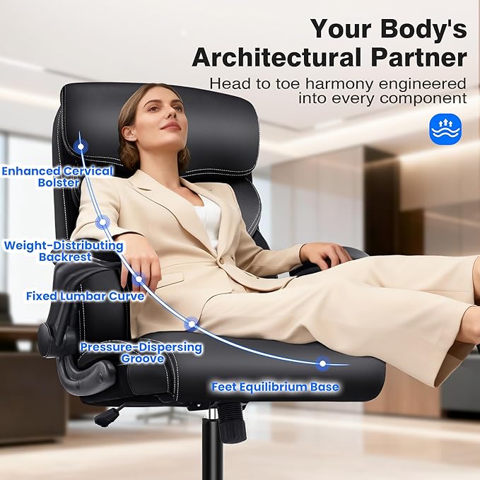 Office Chair - Executive High Back Breathable Comfy Desk Chair with Lumbar Support - Ergonomic Leather Rolling Swivel Computer Chair with Rock Function for Working Studying Gaming Relaxing