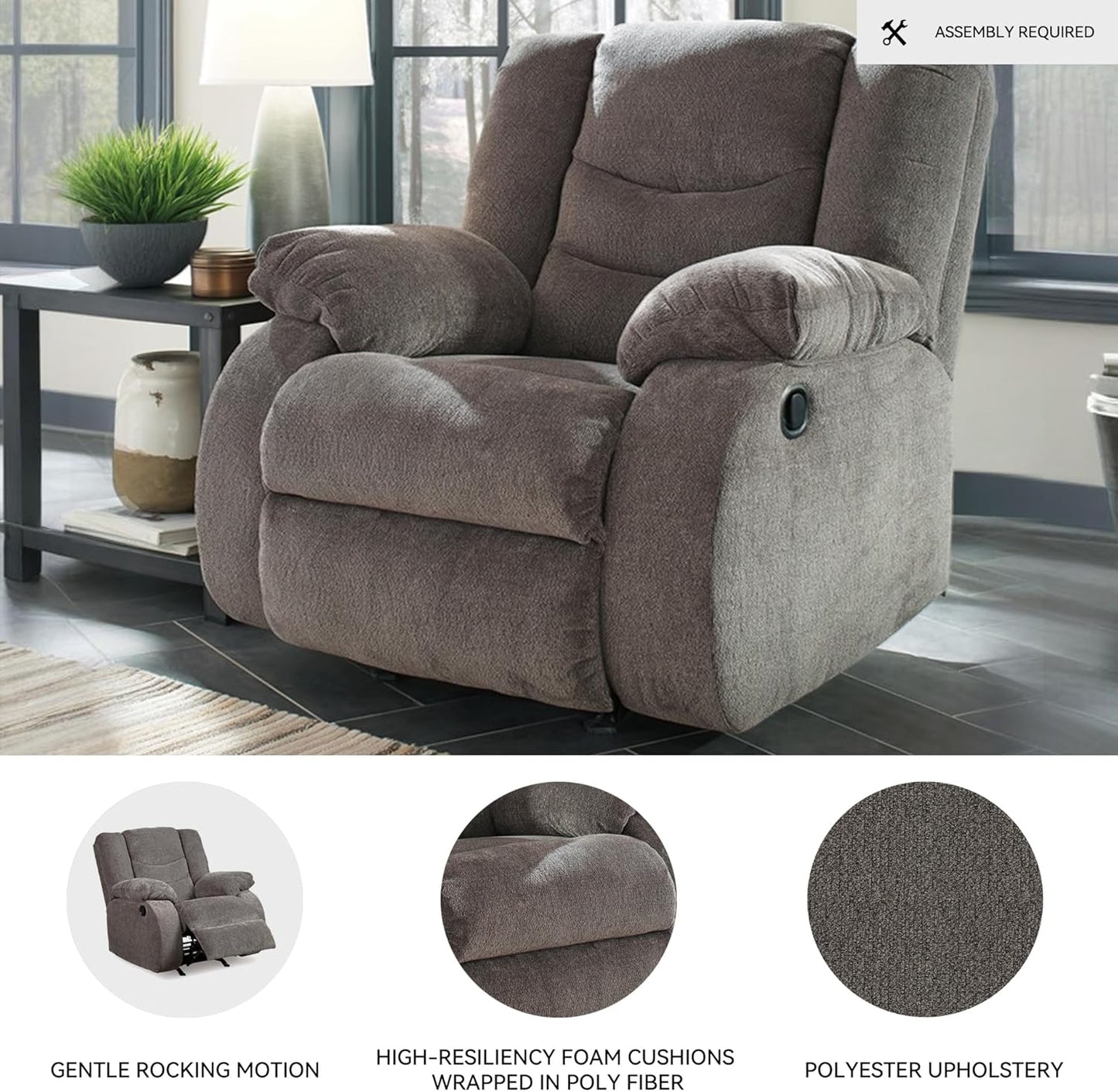 Signature Design by Ashley Tulen Modern Manual Pull Tab Rocker Recliner, Dark Gray