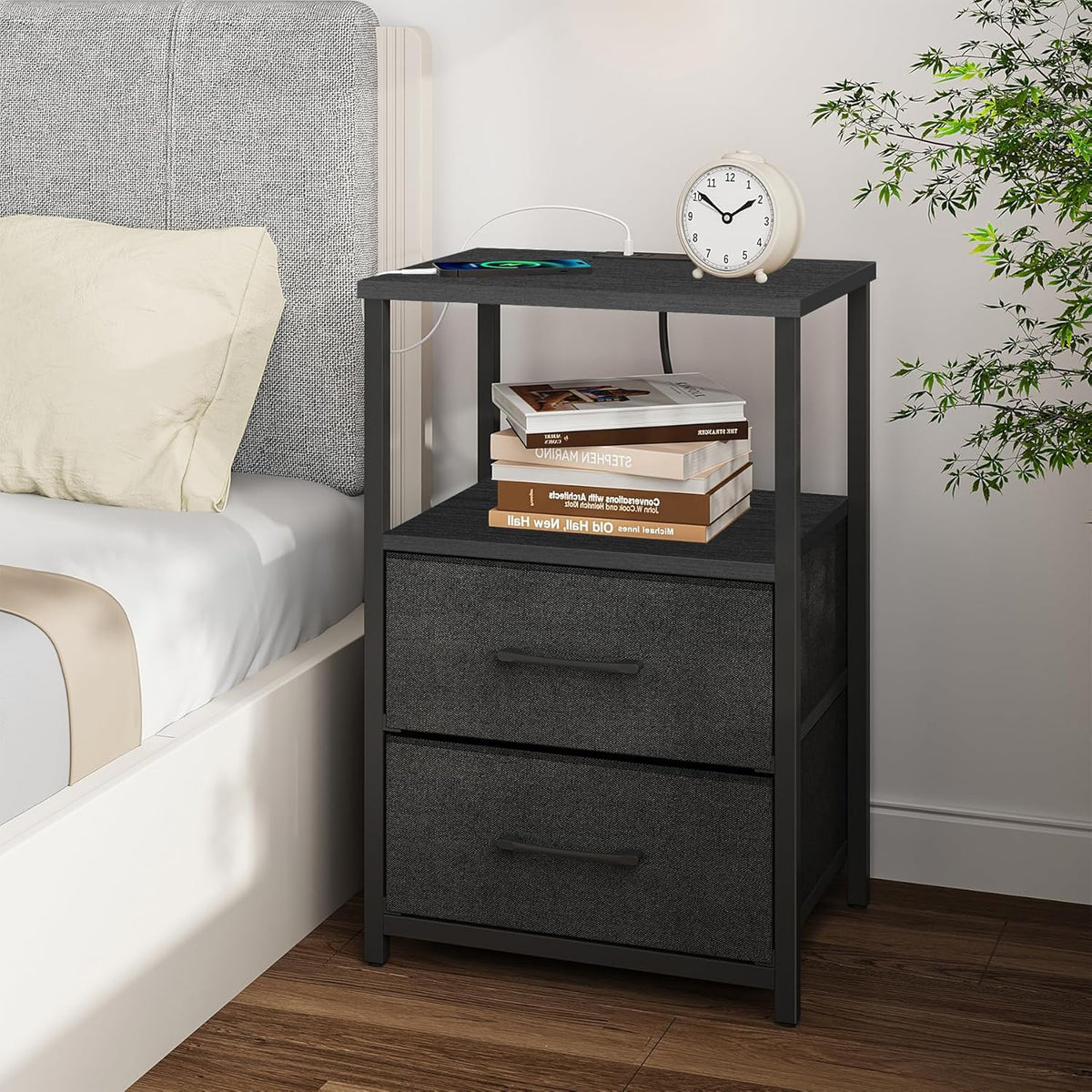TUTOTAK End Table with Charging Station, Night Stand, Side Table with 2 USB Ports and Outlets, Nightstand with Cloth Drawer, Bedside Table for Livingroom, Bedroom Black TB01BK088
