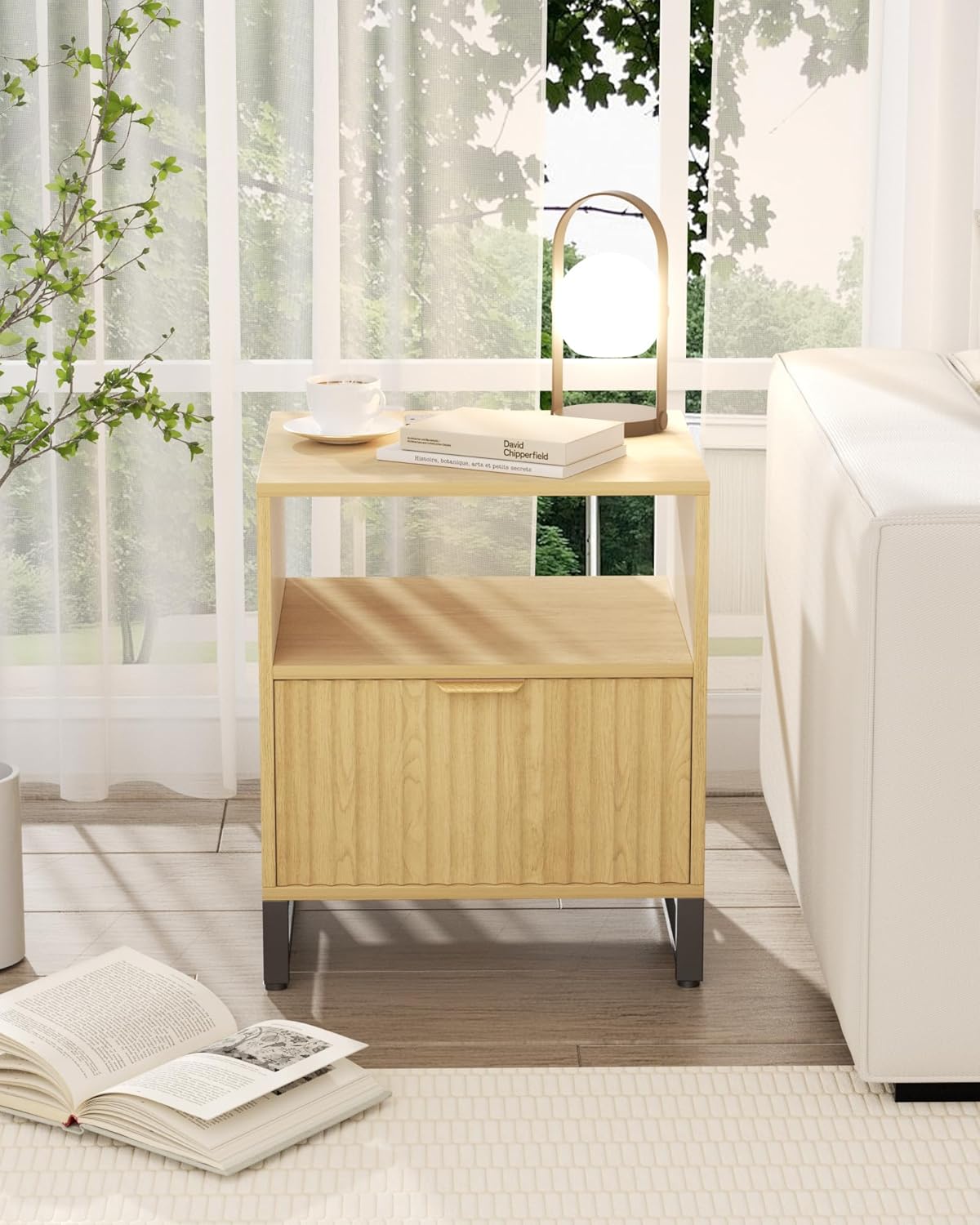 Fluted Night Stand Set 2 with Charging Station, Wood Nightstand with Large Drawer and Open Storage Cabinet, Mid-Century Modern Bedside Table End Table for Bedroom Closet Office