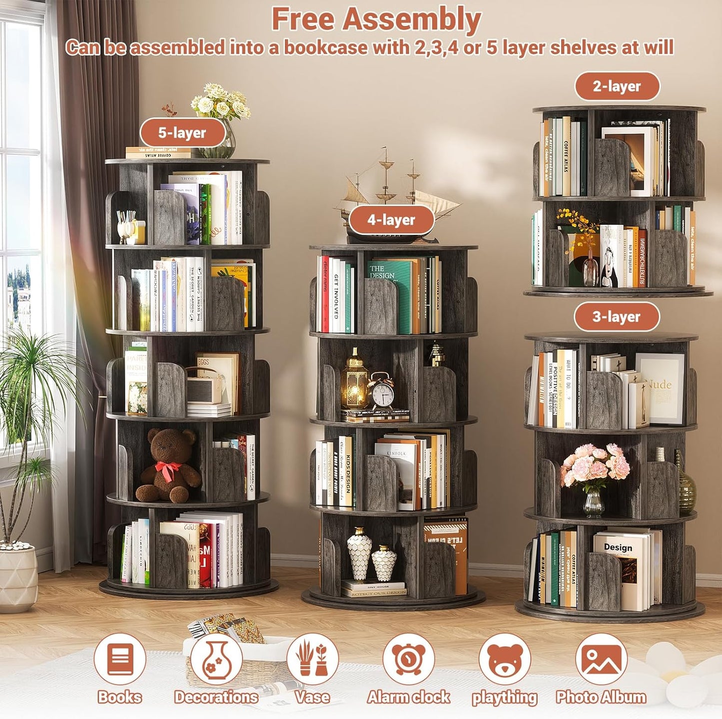 Rotating Bookshelf Tower, 5 Tier Spinning Bookcase, Revolving 360 Book Shelf Narrow Tall Bookcase, Vertical Turning Round Bookshelf Organizer, Wood Corner Book shelf for Small Space, Black Oak
