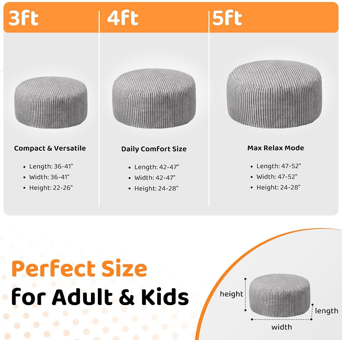 HABUTWAY 3FT Bean Bag Chair, 3' Large Bean Bag Chairs for Adults with Removable Stripe Plush Cover, Memory Foam Beanbag Chair for Living Room Bedroom Dorm (Grey)