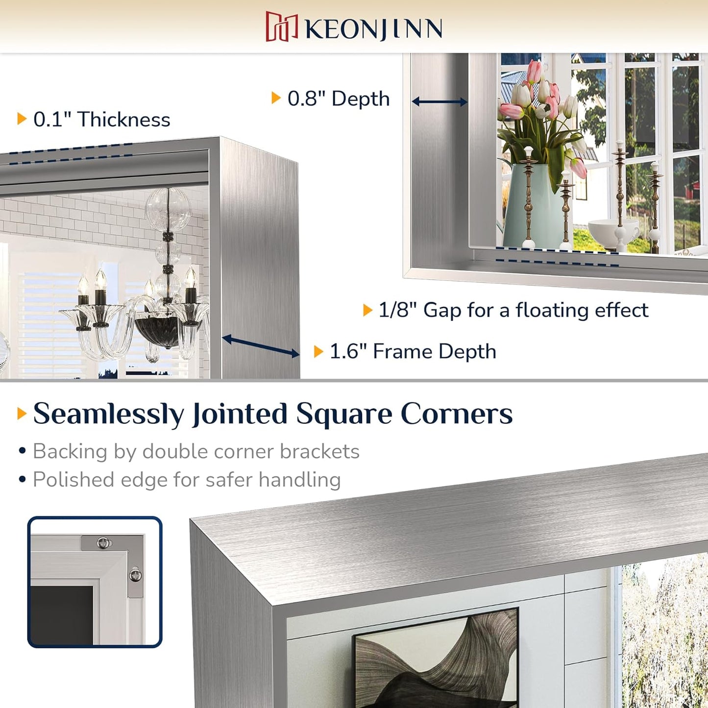 Keonjinn 72 x 36 in Brushed Nickel Mirror for Bathroom Sink, Rectangular Metal Framed Vanity Wall Mirror Square Corner Aluminum Alloy Modern Rectangle Silver Mirror for Over Sink(Horizontal/Vertical)