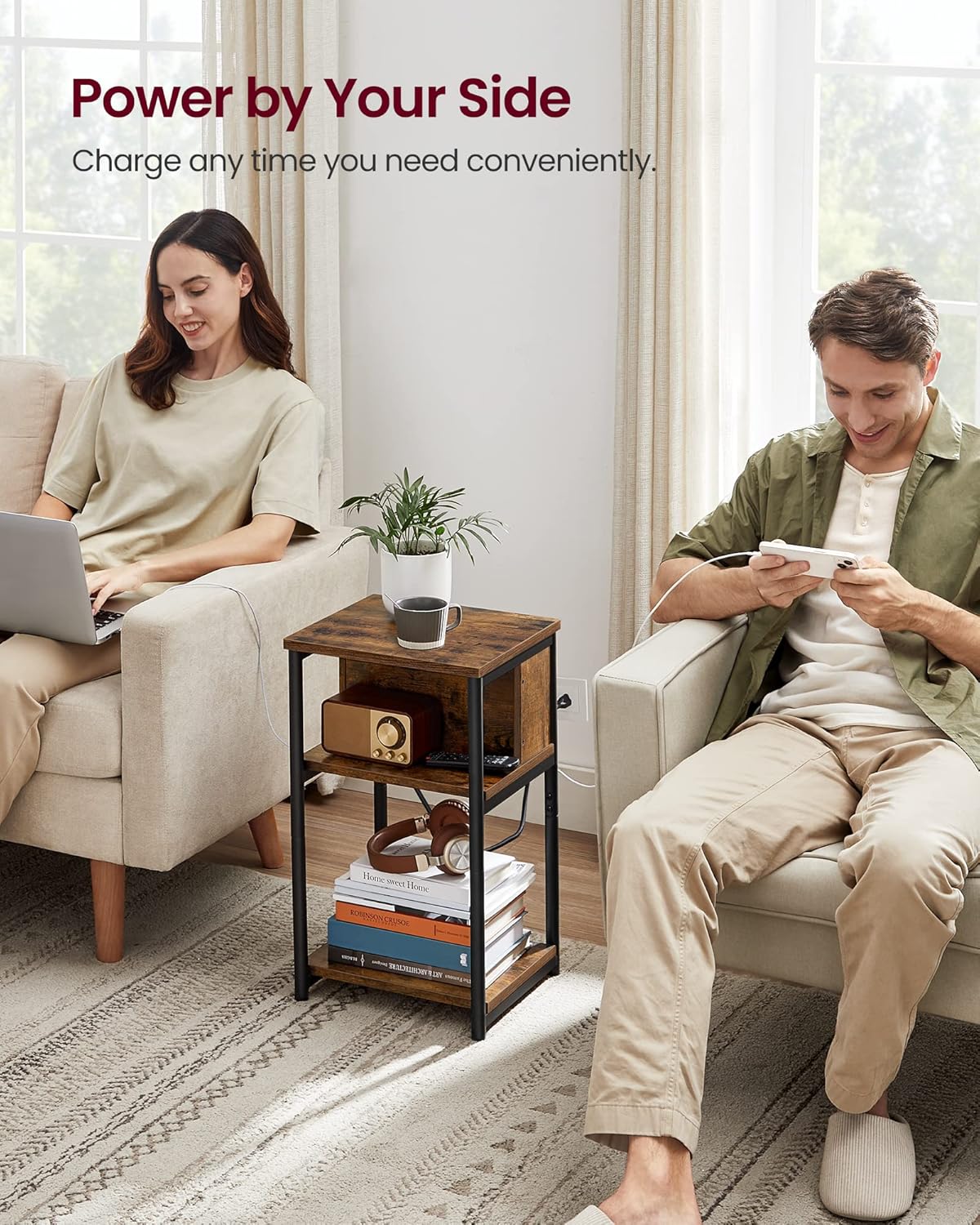 VASAGLE Side Table with Charging Station, 3-Tier End Table with USB Ports and Outlets, Nightstand for Living Room, Bedroom, 11.8 x 13.4 x 22.8 Inches, Plug-in Series, Rustic Brown and Black