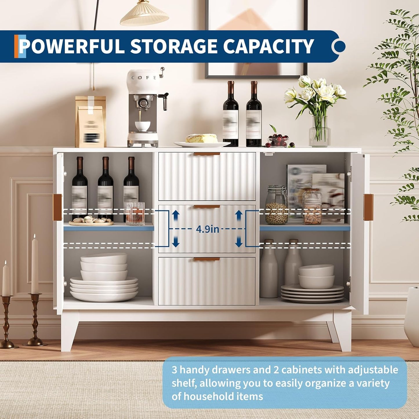 Garvee 47.2" Fluted Buffet Cabinets with Storage, Sideboard Storage Cabinet with 3 Drawers and 2 Doors, Modern Mid Century TV Stand Coffee Bar Furniture for Living Room, Kitchen, Entryway- White