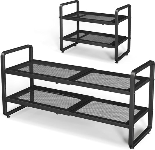 Shoe Rack - Expandable Shoe Organizer for Closet, Adjustable Metal Shoe Shelf Storage, 2 Tier Stackable Long Shoe Stand Holder for Garage, Entryway, Door Entrance, Black