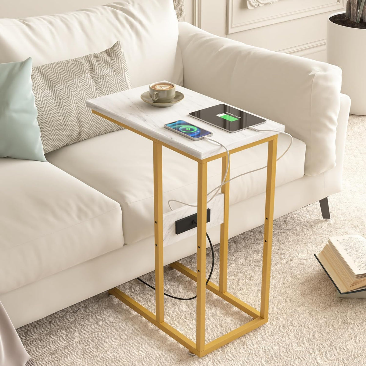 VECELO C Shaped End Side Table with Charging Station & Power Outlets for Couch Sofa/Bed Snack TV Tray with Metal Frame for Living Room Bedroom 2 Set, Gold