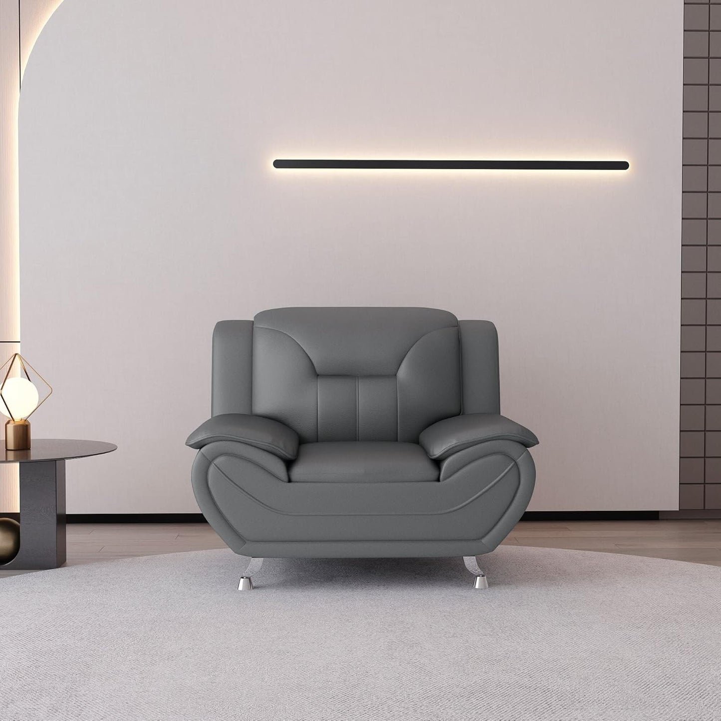 Container Furniture Direct Michael Modern Faux Leather Upholstered Stainless Steel Legs Living Room Sofa, Loveseat, Gray