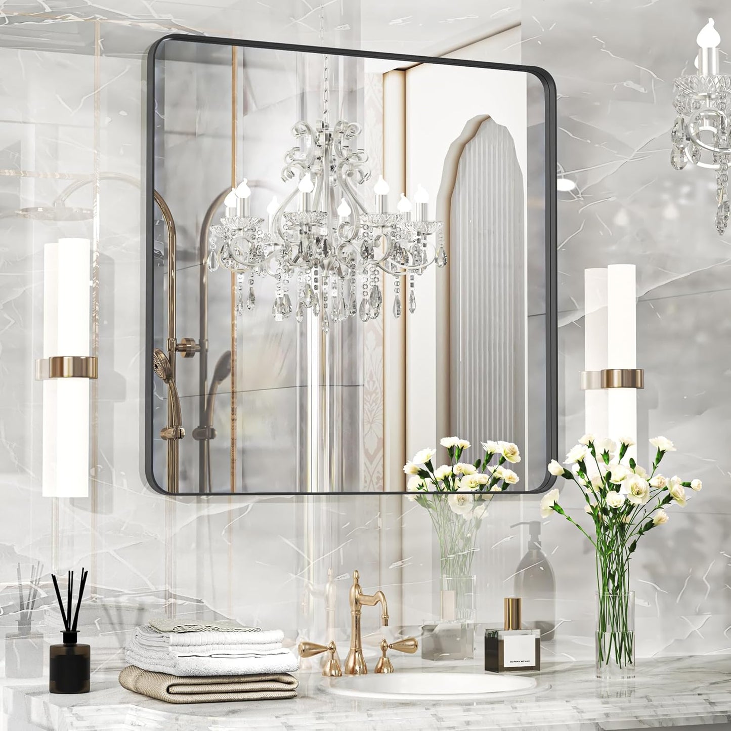 30×30 Black Bathroom Mirror, Rectangular Bathroom Vanity Mirror for Wall with Rounded Corners & Aluminum Alloy Frame, Tempered-Glass, Modern, Farmhouse, Horizontal/Vertical, Entryway, Bedroom