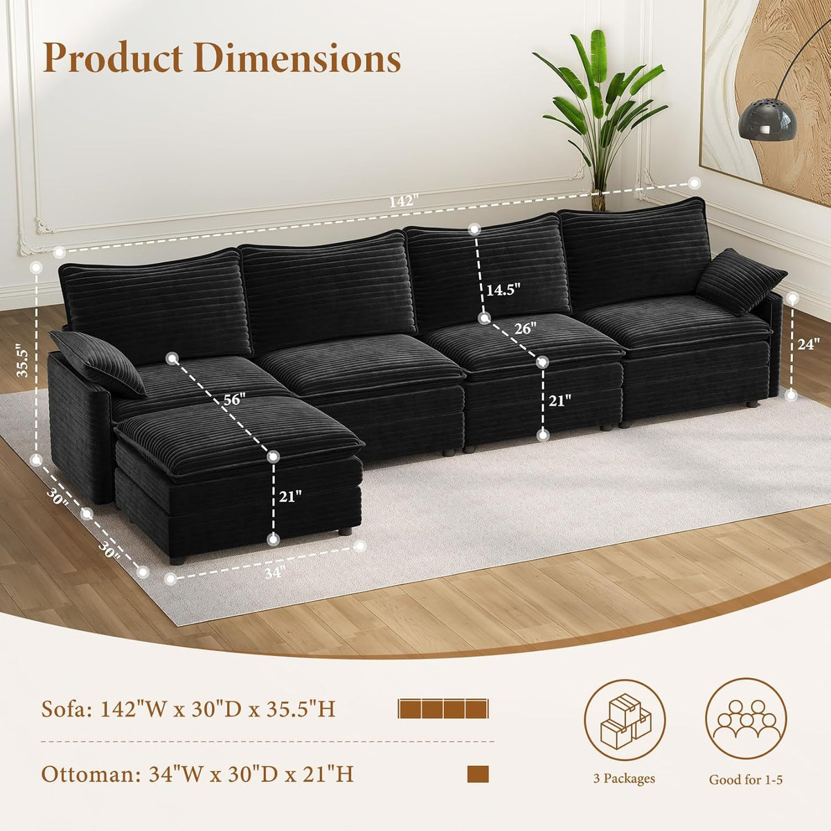 Vesgantti 142" Cloud Couch Sectional Modular Sofa, Comfy Sectional Couch with Ottoman Deep Seat Corduroy L Shaped Sofa, Modular Couches for Living Room, Bedroom and Apartment, Black
