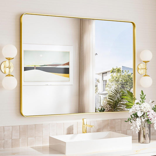 TokeShimi Brushed Gold Bathroom Mirror,40x30 Large Bathroom Mirror Rectangle,Aluminum Vanity Mirror Bathroom Wall with Tempered Glass,Modern Gold Mirror Framed(Horizontal/Vertical)
