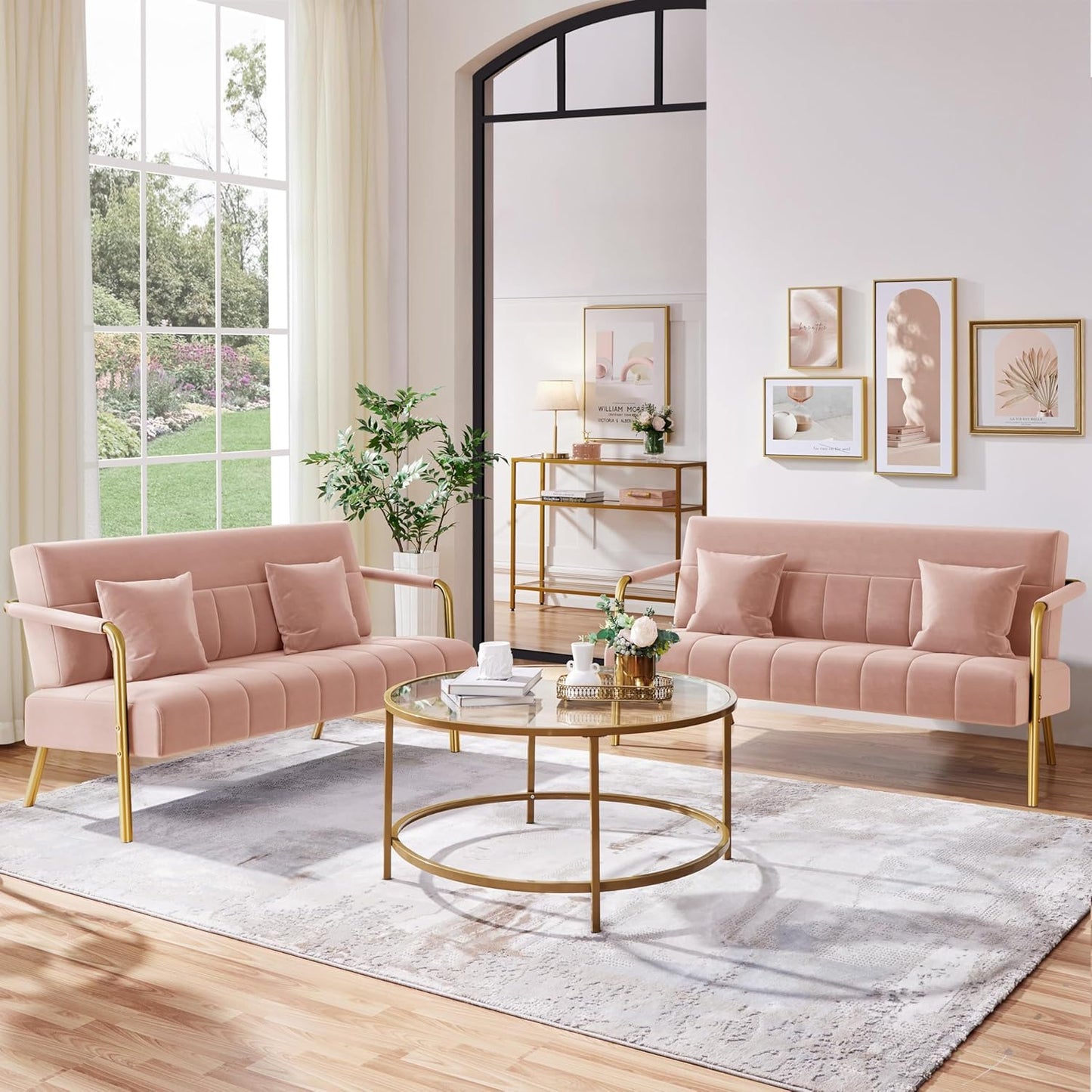 Yaheetech 56.5" W Modern Sofa Small Sofa Luxurious Velvet Fabric Couch with Gold-Tone Metal Arms and Legs for Living Room, Home Office, Studio Pink