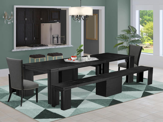 X02VE-206-50 - 5-pc Dining Room Table Set a Rectangular Dining Table and 2 wooden Benches and 2 Dark Gotham Grey Linen Fabric Chairs, 39x120 Inch, Wire Brushed Black