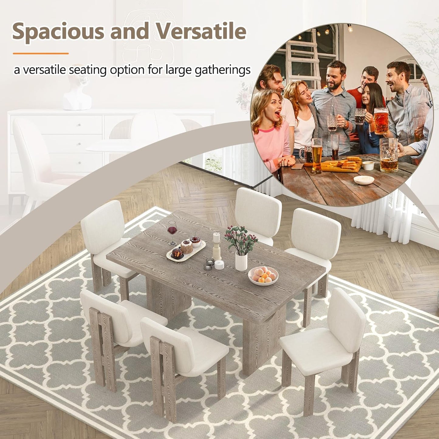 Ball & Cast 7-Piece Dining Table Set for 6 People, 59" Wood Dining Kitchen Table & Chairs Set, Dining Room Table with Trestle Base and 6 Upholstered Chairs, Perfect for Dining Room,Natural Wood Wash