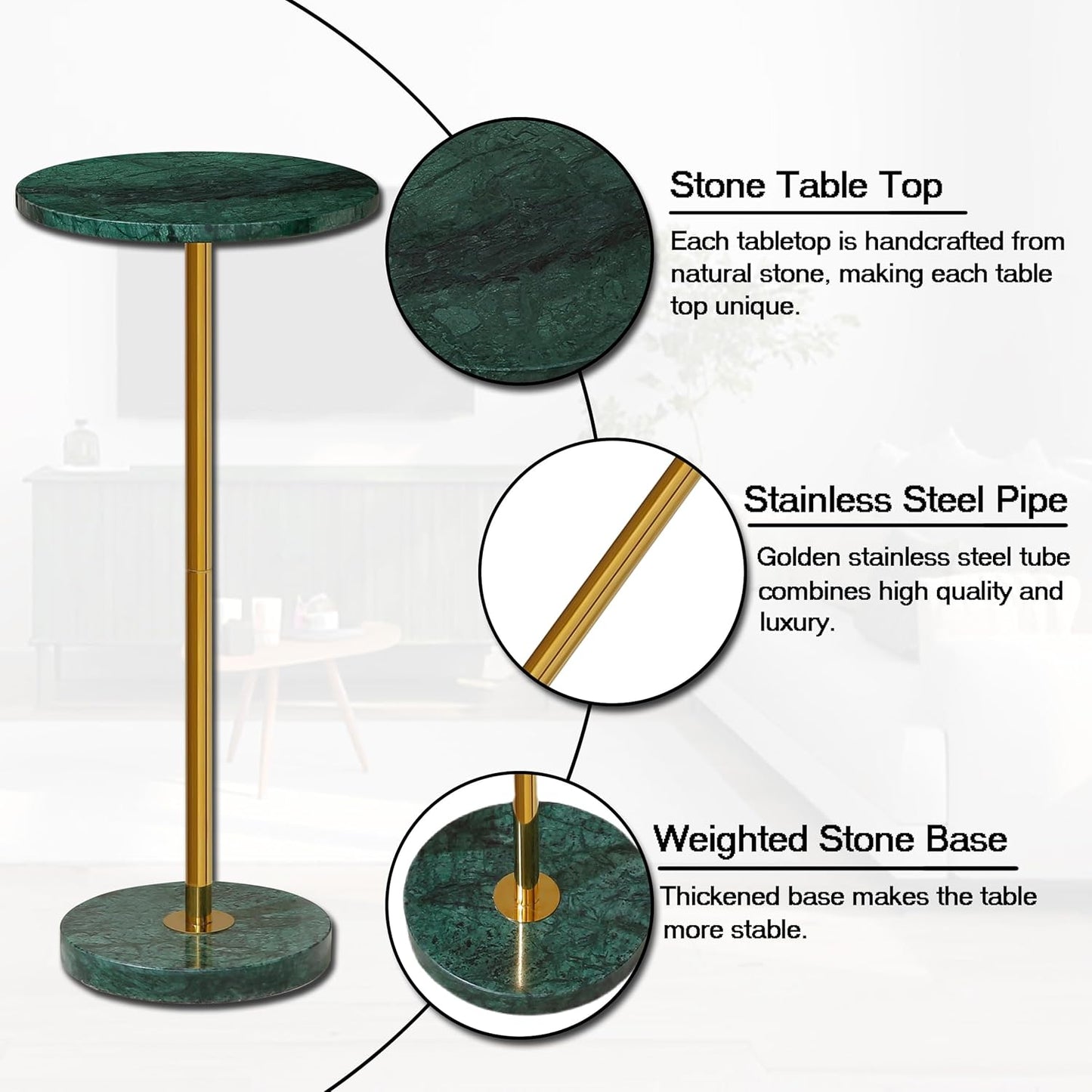 Φ9.8-inch Marble Round Drink Table, Stone Finish Pedestal End Table for Living Room, Weighted Base Small Accent Side Table for Small Space - Emerald Green