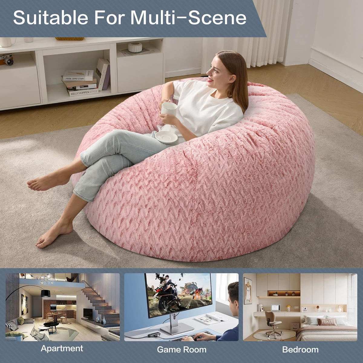 5ft Bean Bag Chairs for Adults Large Beanbag Chair with Chevron Plush Fur Cover Big Bean Bag Chair for Living Room Bedroom Dorm (Pink)