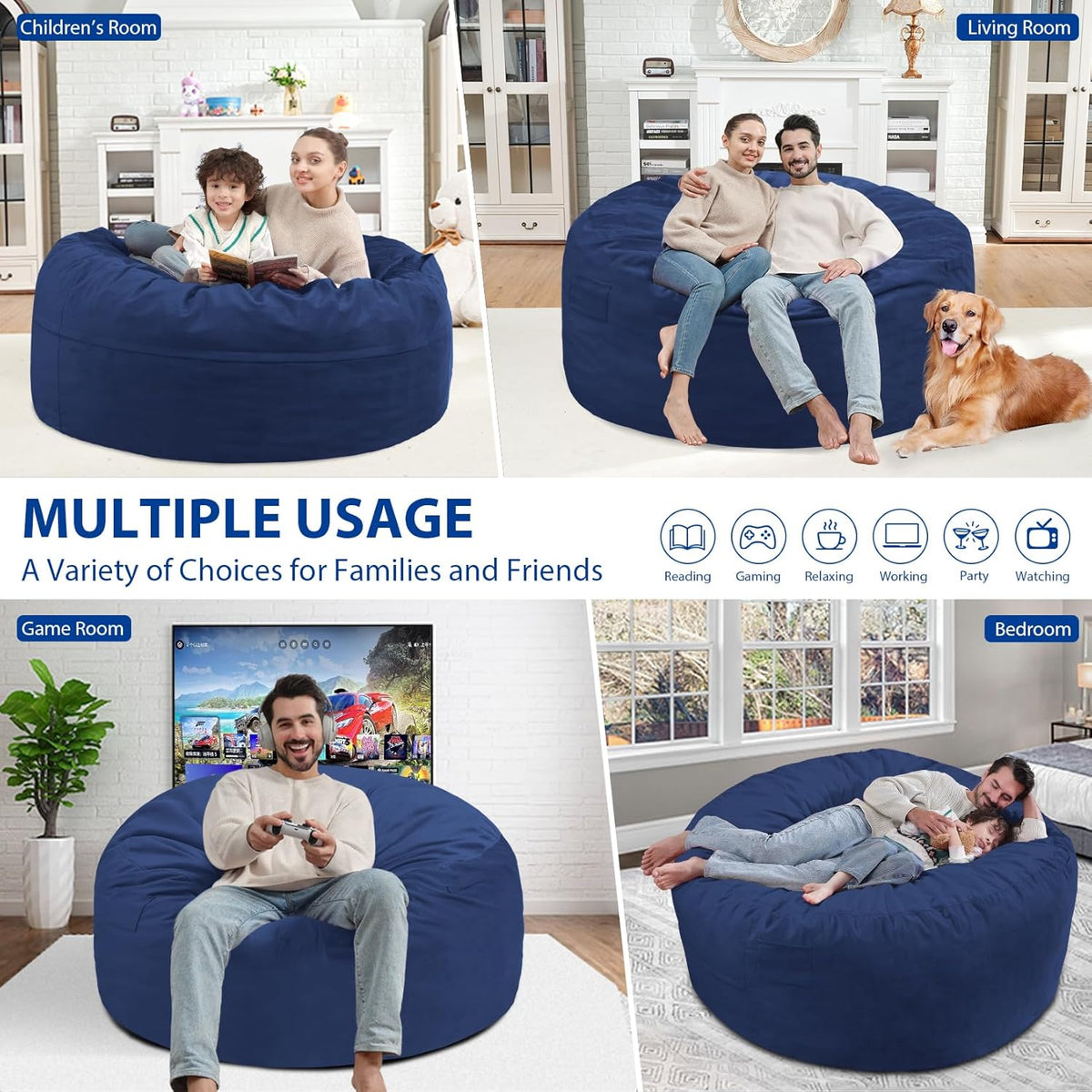 4FT Bean Bag Chair, Large Bean Bag Chairs with Memory Foam Filled, Fluffy Beanbag Sofa with Dutch Velvet Cover, Round BeanBag Chairs for Living Room, Playroom - Blue