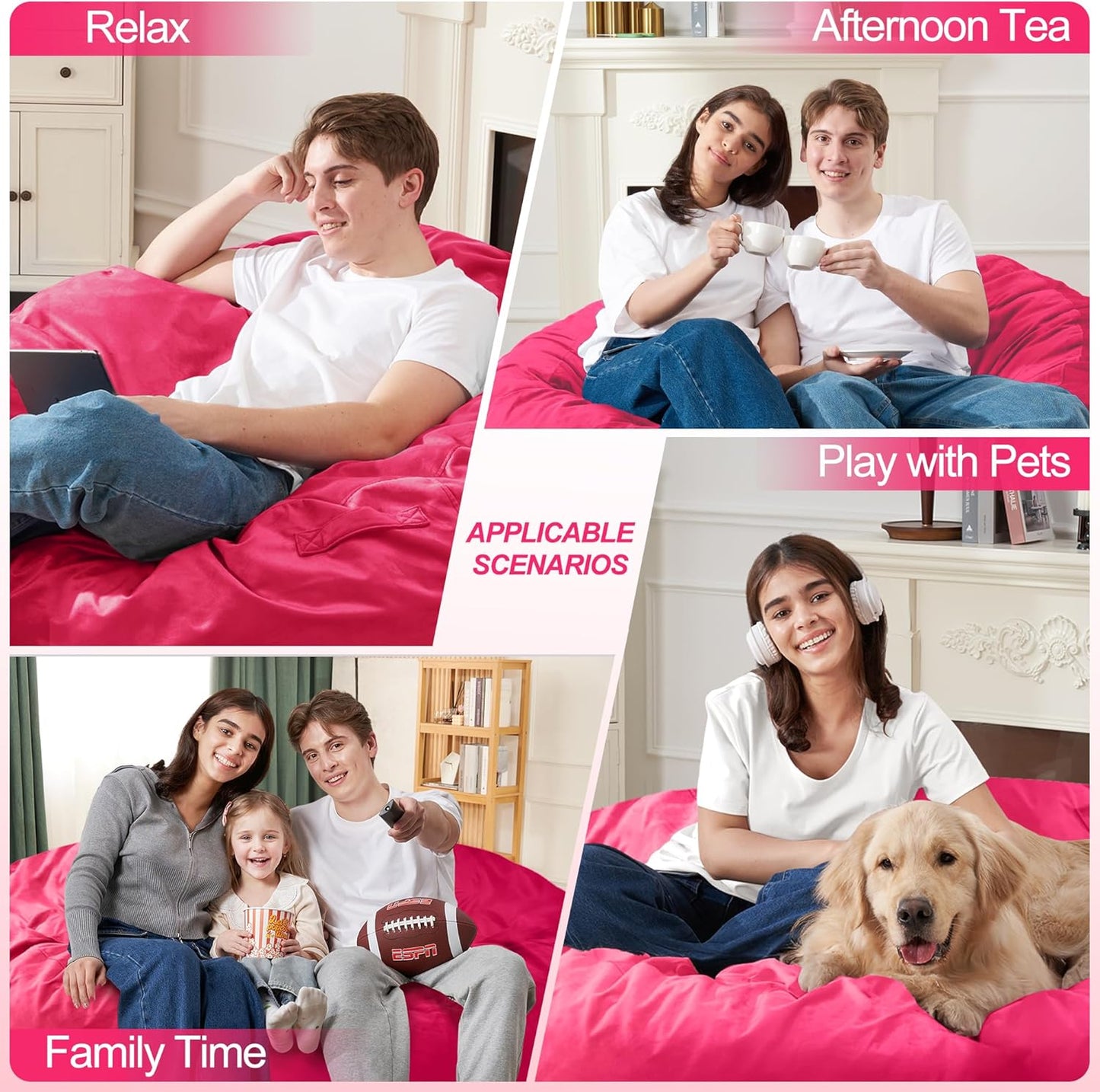 Homguava 3FT Bean Bag Chair: 3' Bean Bags with Memory Foam Filled, Large Beanbag Chairs Soft Sofa with Dutch Velvet Cover-Pink