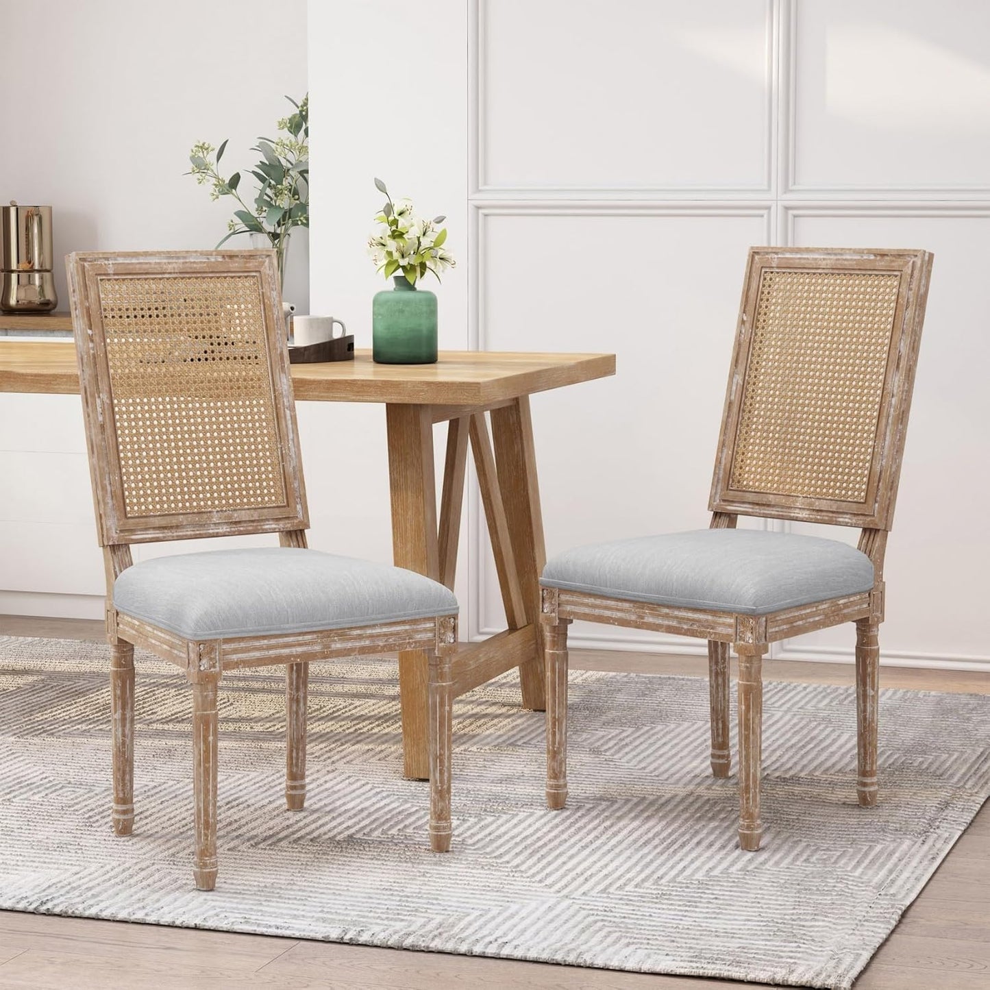 Merax Upholstered Solid Wood Dining Chairs Set of 2, French Country Style Accent Side Seating Furniture for Kitchen, Living Room, Wicker Back, Light Grey