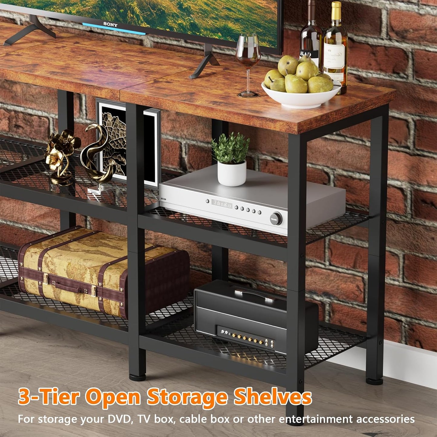 Furologee TV Stand, Small Media Console Table with 3-Tier Storage Shelves, Industrial Entertainment Center for TVs up to 50 Inch, Television Stands for Living Room, Bedroom, Rustic Brown