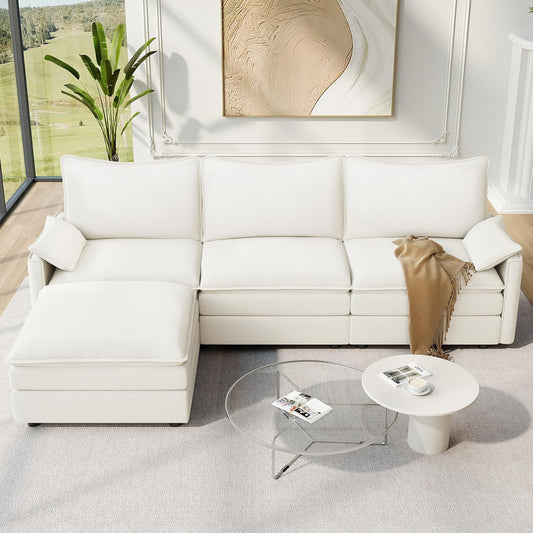 Vesgantti 108" Modular Sectional Sofa, Comfy Cloud Couch with Movable Ottoman Deep Seat Chenille L Shaped Modular Sofa, Sectional Couches for Living Room, Bedroom and Apartment, Snow White