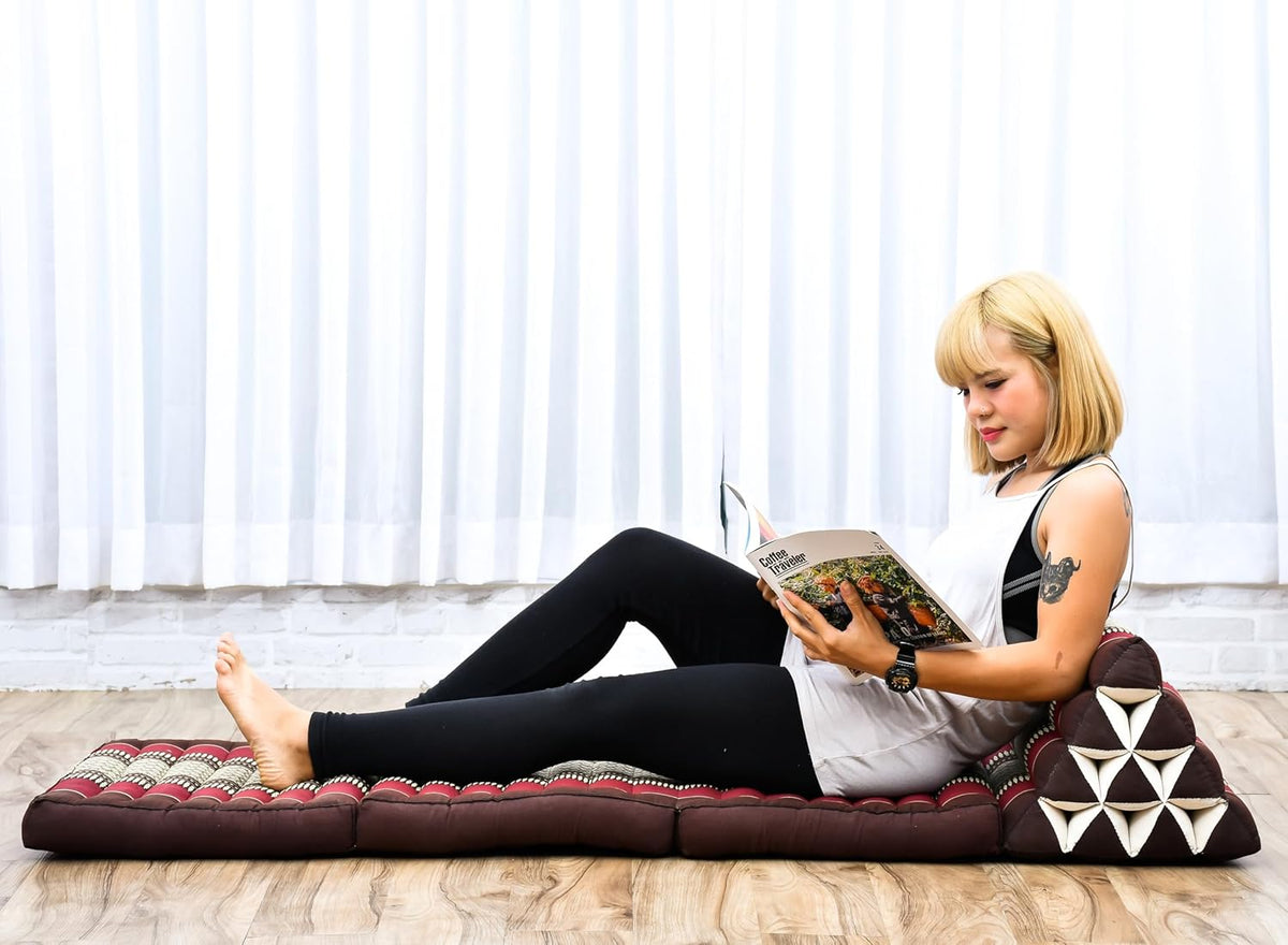 Leewadee - Comfortable Japanese Floor Mattress Used As Thai Floor Bed with Triangle Cushion, Futon Mattress Or Thai Massage Mat, 67 x 21 inches, Brown Red