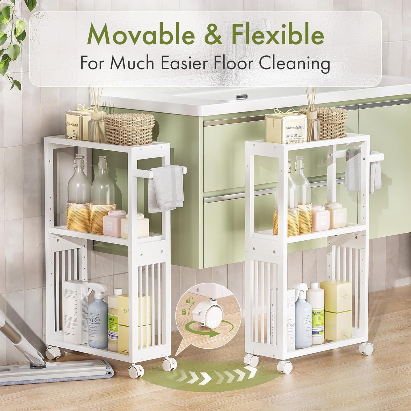 AmazerBath White Toilet Paper Holder Storage - 3 Tier Bamboo Mobile Storage Shelf, Small Bathroom Rolling Storage Cabinet Corner, Thin Shelf for Narrow Spaces on Wheels, Slim Bathroom Organizer, White