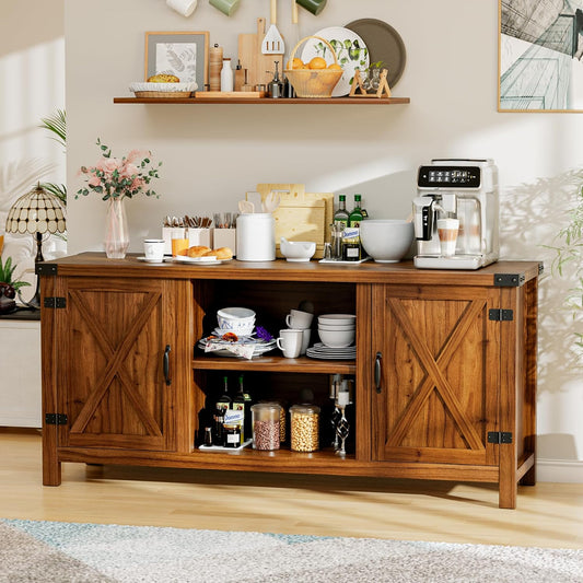 YESHOMY Farmhouse Buffet & Sideboard, 58" Kitchen Storage Cabinet with Adjustable Shelves & Doors, Wood Coffee Bar for Living Room, Entryway, Brown