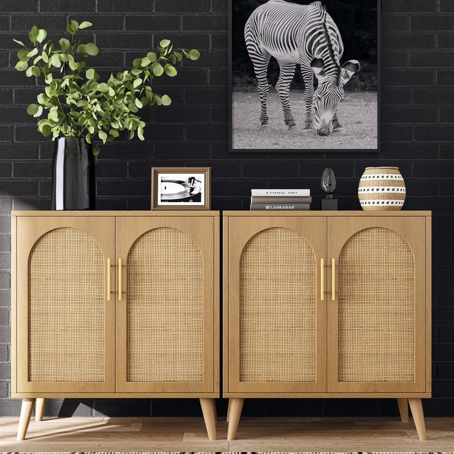 Rovaurx Set of 2 Rattan Storage Cabinet with Doors, Accent Bathroom Floor Cabinet, Modern Sideboard Buffet for Living Room, Entryway, Dining Room and Kitchen, Natural BMGZ108M02