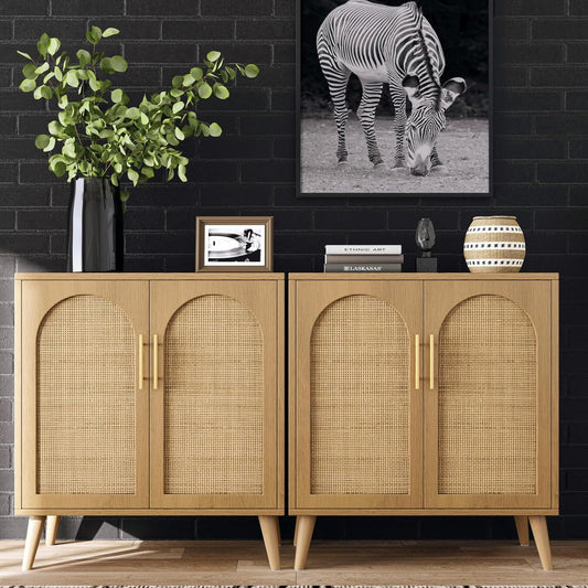 Rovaurx Set of 2 Rattan Storage Cabinet with Doors, Accent Bathroom Floor Cabinet, Modern Sideboard Buffet for Living Room, Entryway, Dining Room and Kitchen, Natural BMGZ108M02