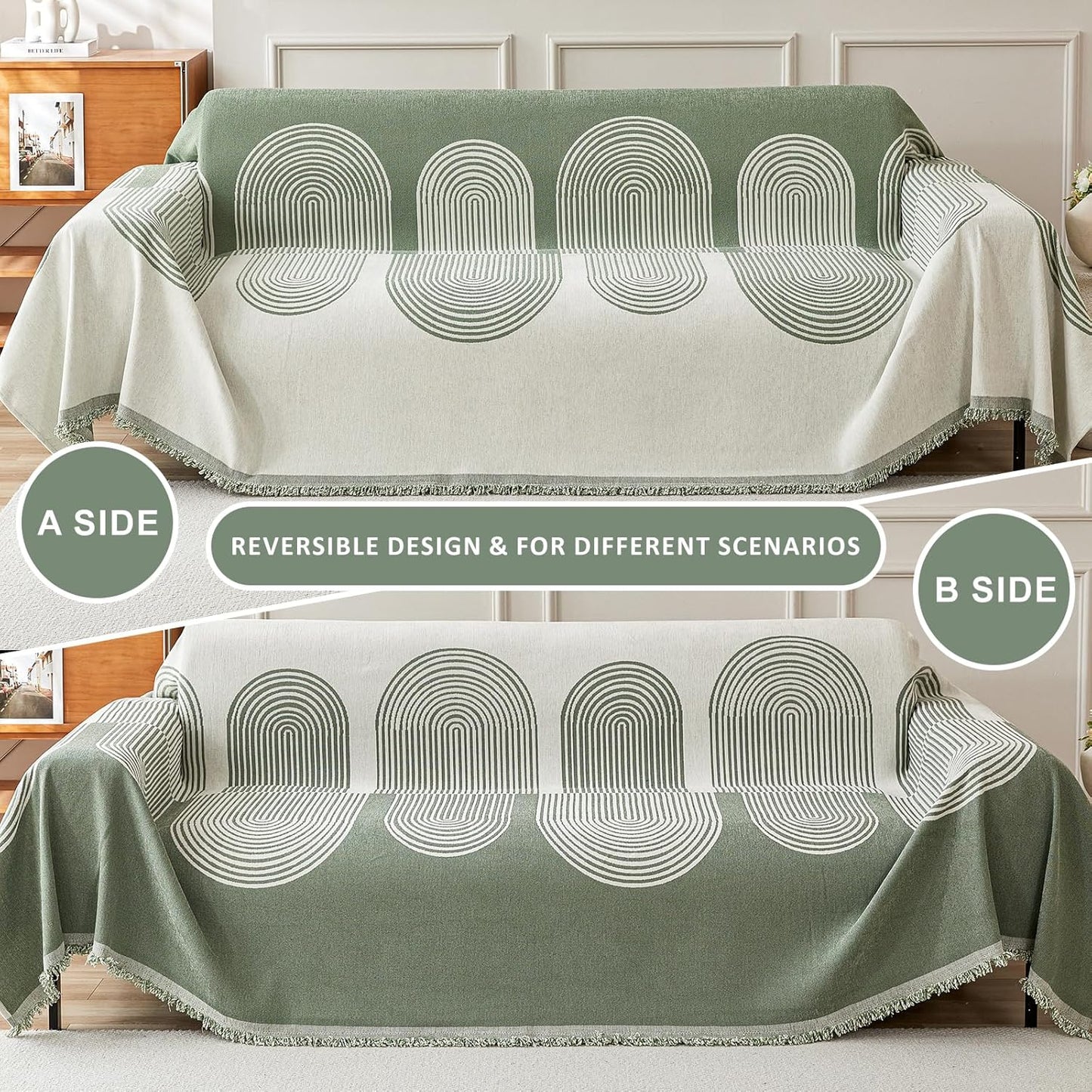 STACYPIK Green Geometric Couch Cover Boho Sofa Cover for Sectional Non-Silp Sofa Covers for Dogs Reversible Beige Couch Cover Loveseat Cover L Shaped Furniture Protector for 3 Cushion Couch-71X150IN