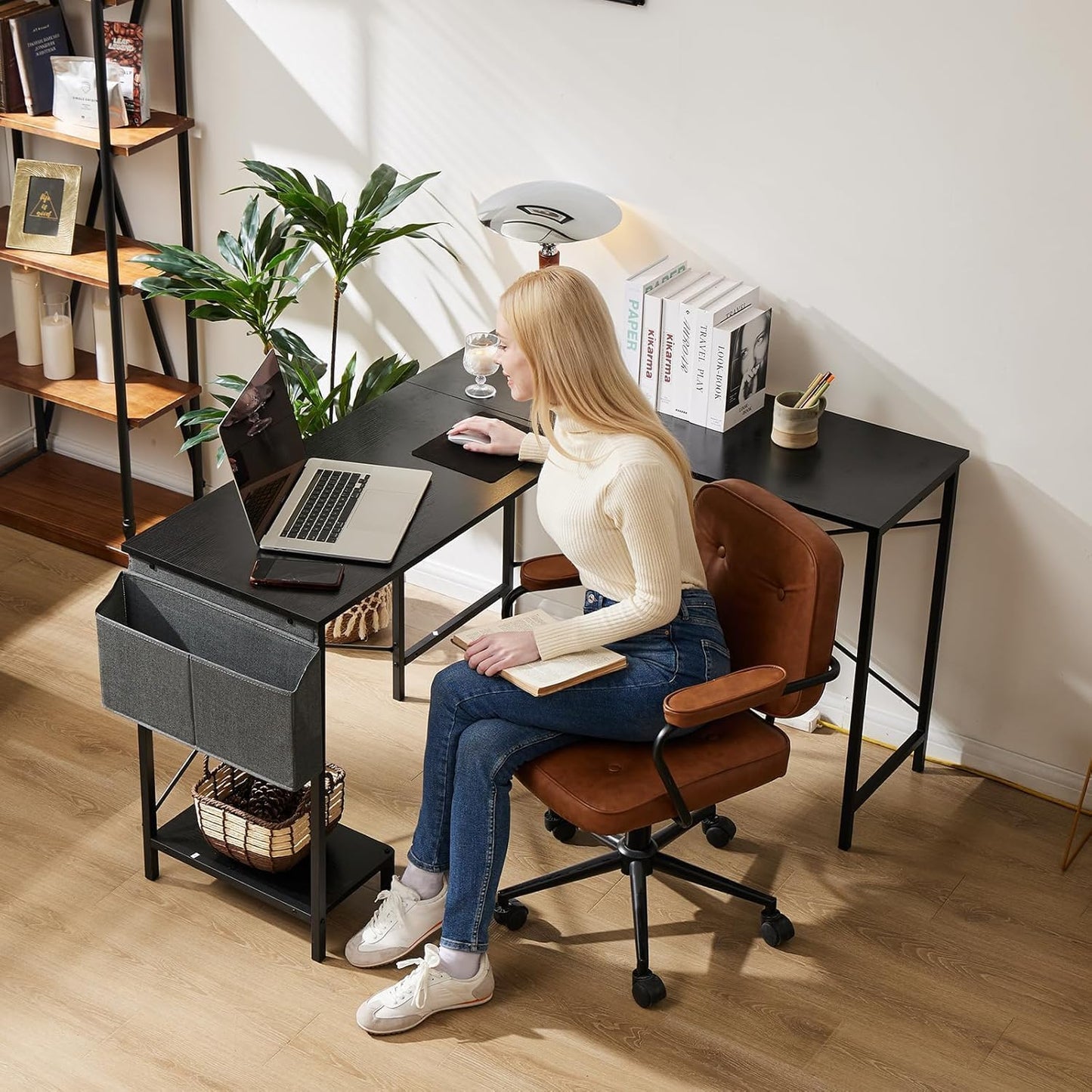 Whitmor L Shaped Gaming Desk - 50 Inch Reversible Corner Computer Desk with Wood Top, Metal Frame, CPU Stand & Side Bag, Home Office Dorm Sturdy Writing Workstation, Black