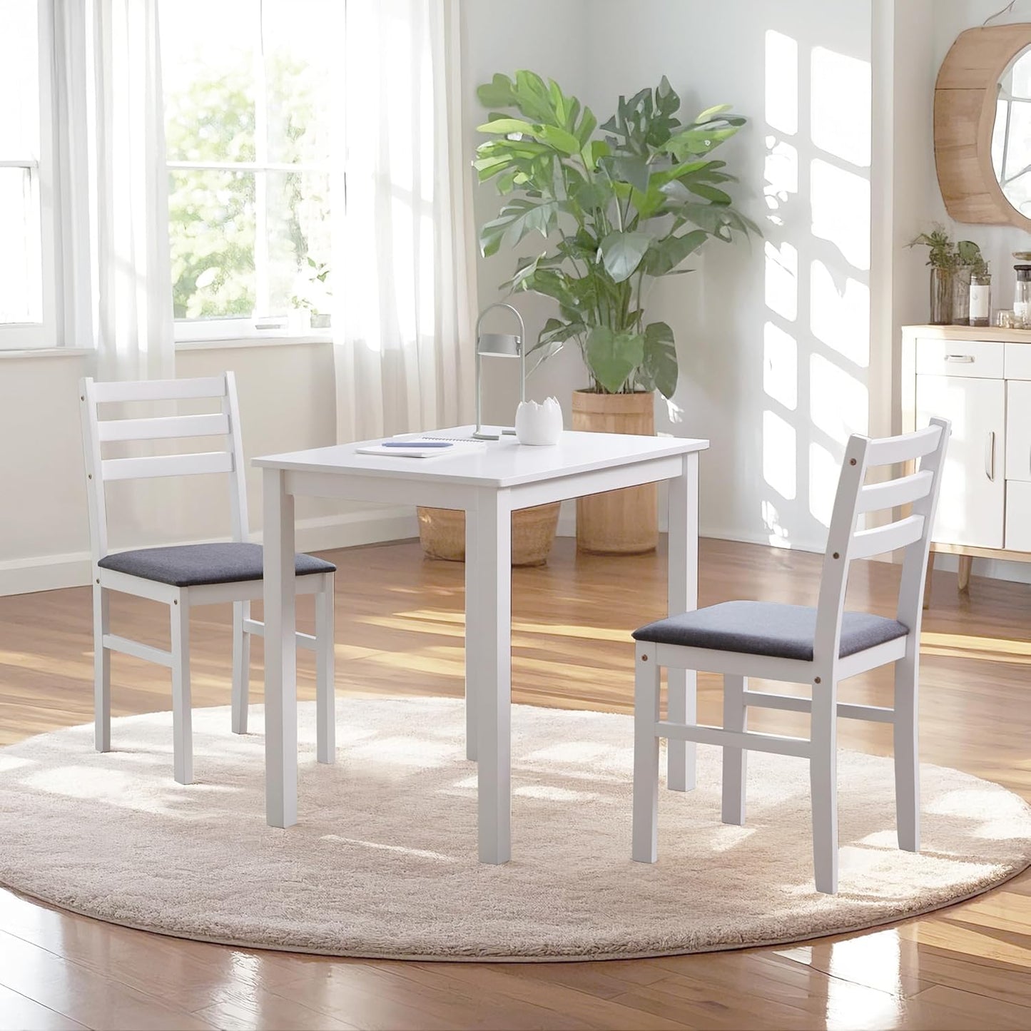 Livinia Seattle Modern Farmhouse Kitchen Dining Room Chair Set of 2, Solid Wood Fabric Upholstered Cushion Seat Wood Ladder Back Chairs (White)