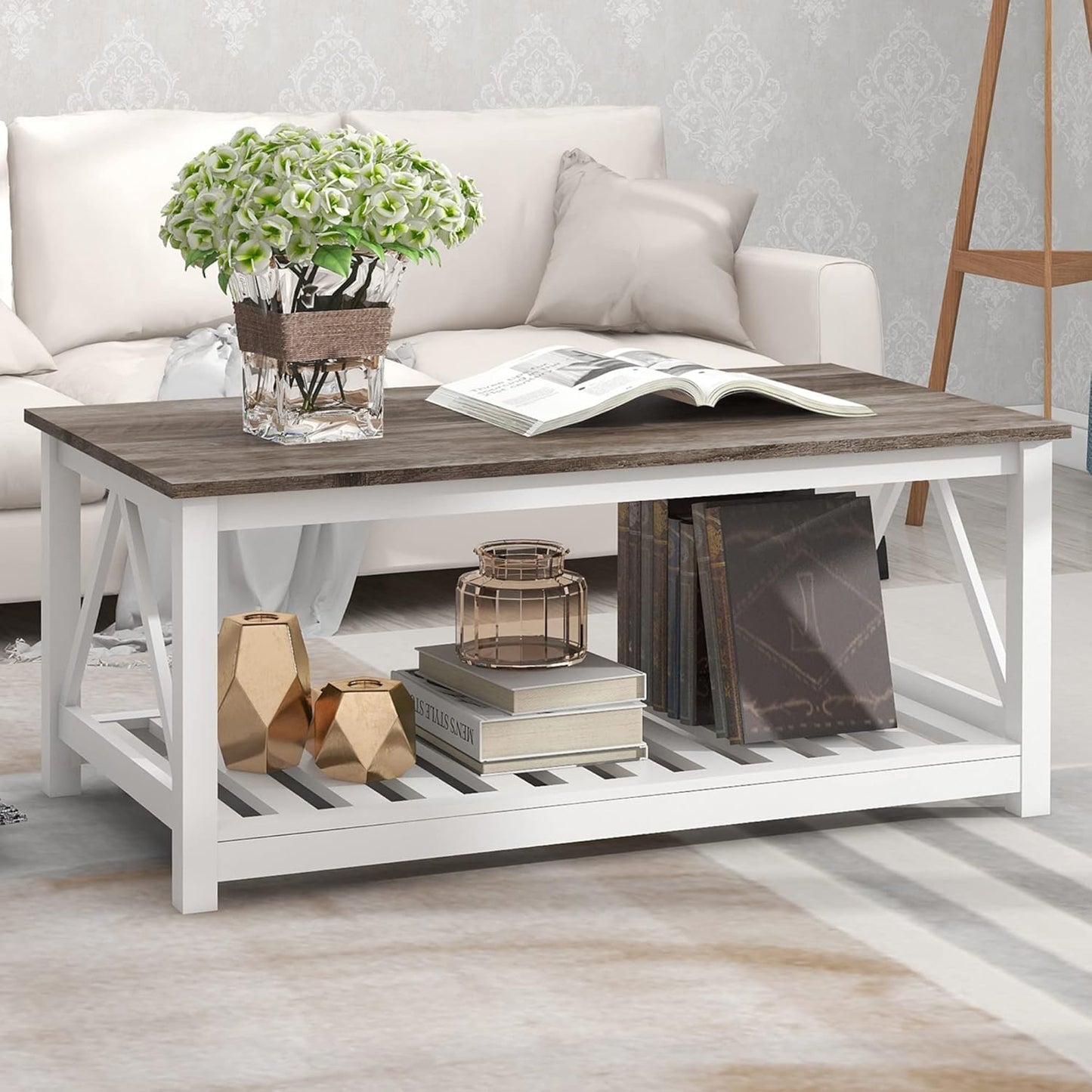 Farmhouse Coffee Table, White Oak Coffee Table for Living Room, 2-Tier Rectangular Wooden Centre Cocktail Table with Slats Shelf Storage and V-Shaped Frame Modern Coffee Oak Grey