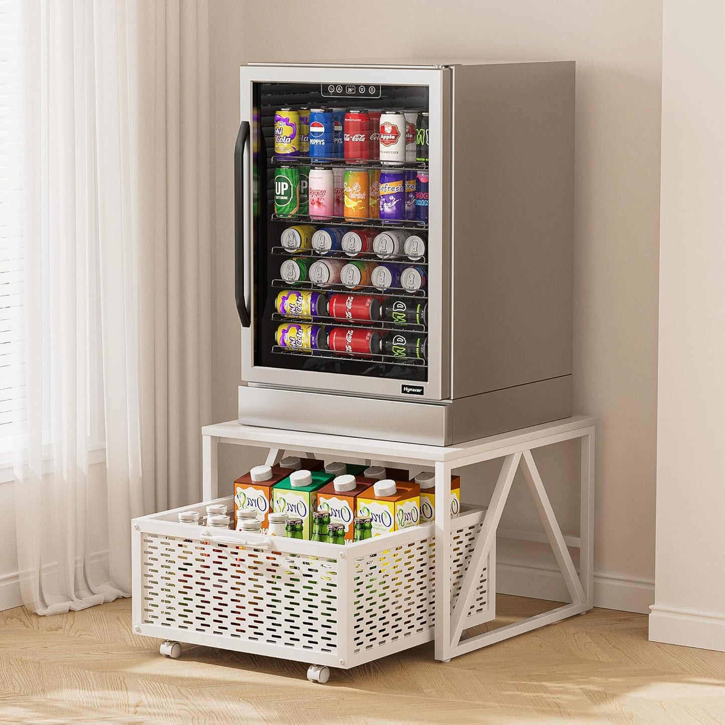 Urban Deco Mini Fridge Stand with Storage, Heavy Duty Fridge Cart with Drawer Basket, Mini Refrigerator Table for 220 LBS, Mobile Fridge Stand with Swivel Wheels for Dorm,Office,Home,White
