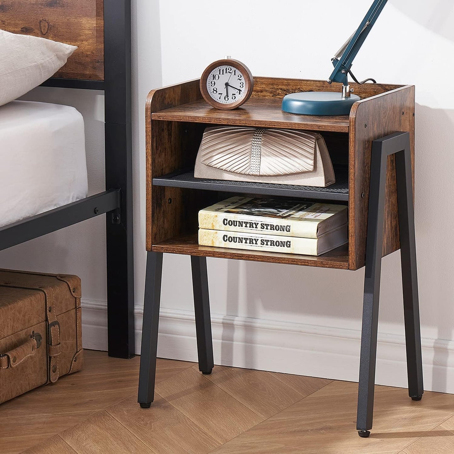 VECELO Nightstand Set of 2,Industrial Side End Table/Stackable Accent Furniture with 2-Tier Open Storage Compartments for Bedroom, Living Room and Small Spaces