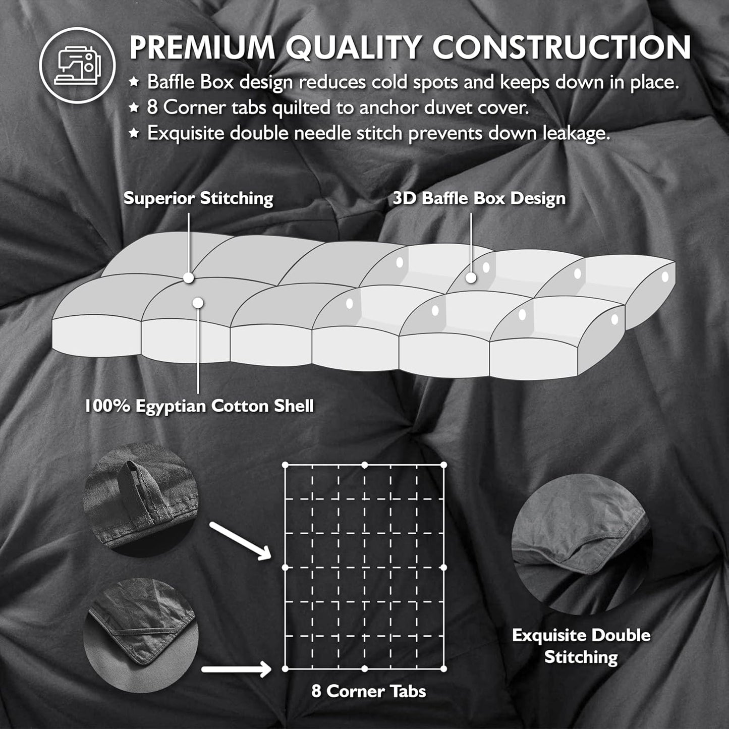 Luxurious Goose Down Feather Fiber Comforter California King Size Duvet Insert, Pinch Pleat Ruffled Twisted Flower, Premium Baffle Box, 100% Egyptian Cotton Cover, 75 oz. Fill Weight, Gray