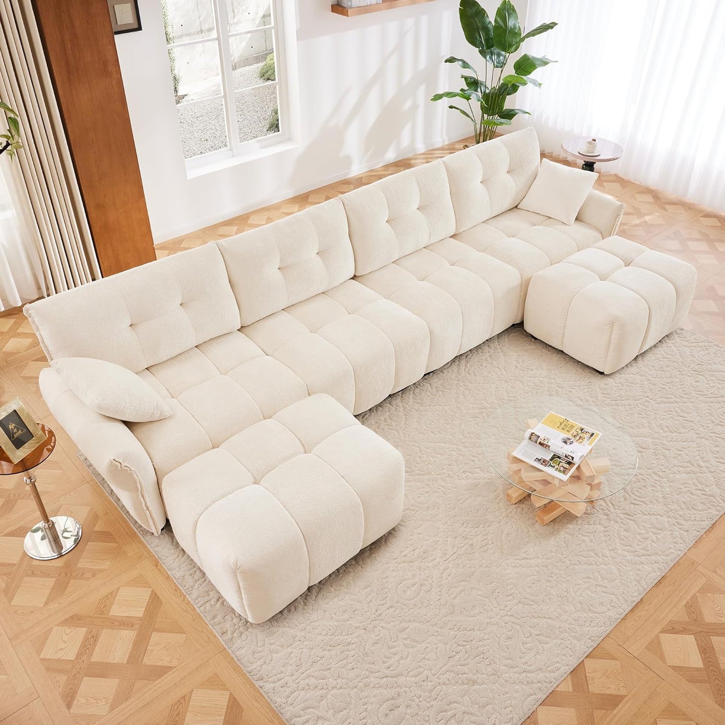 Modern Chenille Fabric 4-Seat Sofa w/Two Ottoman+2 Pillows, Premium Upholstery Living Room Couch with Tufted Backrest & Comfortable Armrests and High-Resilience Memory Foam Cushions,White