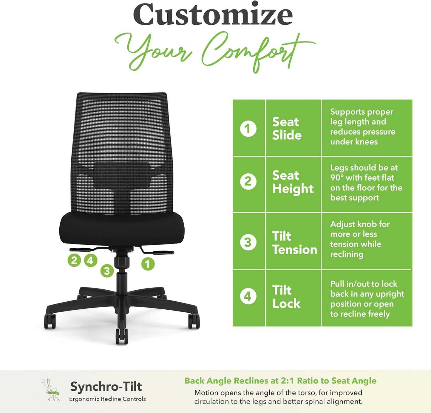 HON Ignition 2.0 Armless Ergonomic Office Chair, Adjustable Tilt, Swivel Wheels, Comfy for Long Hours, Home Office Desk Chairs, Black
