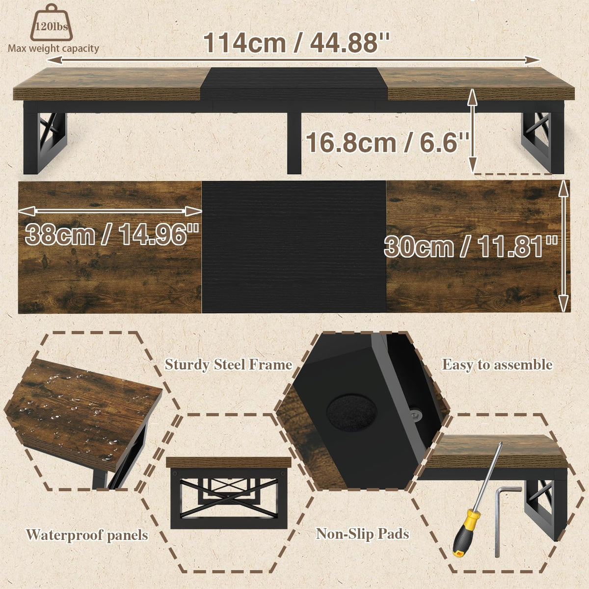 IBUYKE 45" Large TV Riser for 32-60 inch TV,Tabletop Short TV Stand with Storage and Steel Legs,Dual Screen Office Desk,Stand Riser,TV Riser Stand for Home,Bedroom,Living Room,Rustic Brown TVT002H