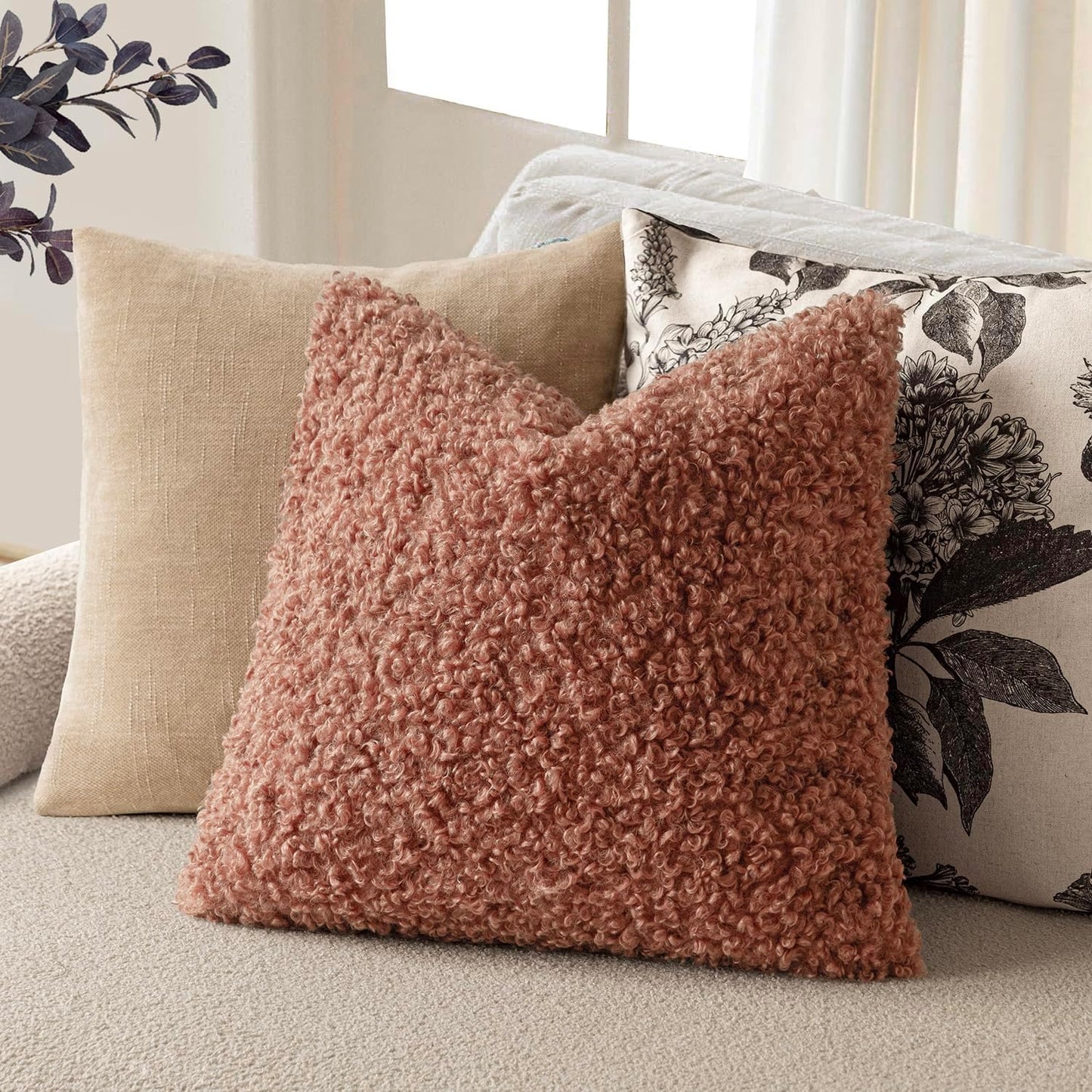 Foindtower 2 Pieces 26x26 Inch Dusty Pink, Faux Fur Throw Pillow Cover Accent Sherpa Furry Pillow Covers Fuzzy Soft Pillowcases Cozy Sheepskin Decorative Fleece Cushion Case for Bed Couch Living Room