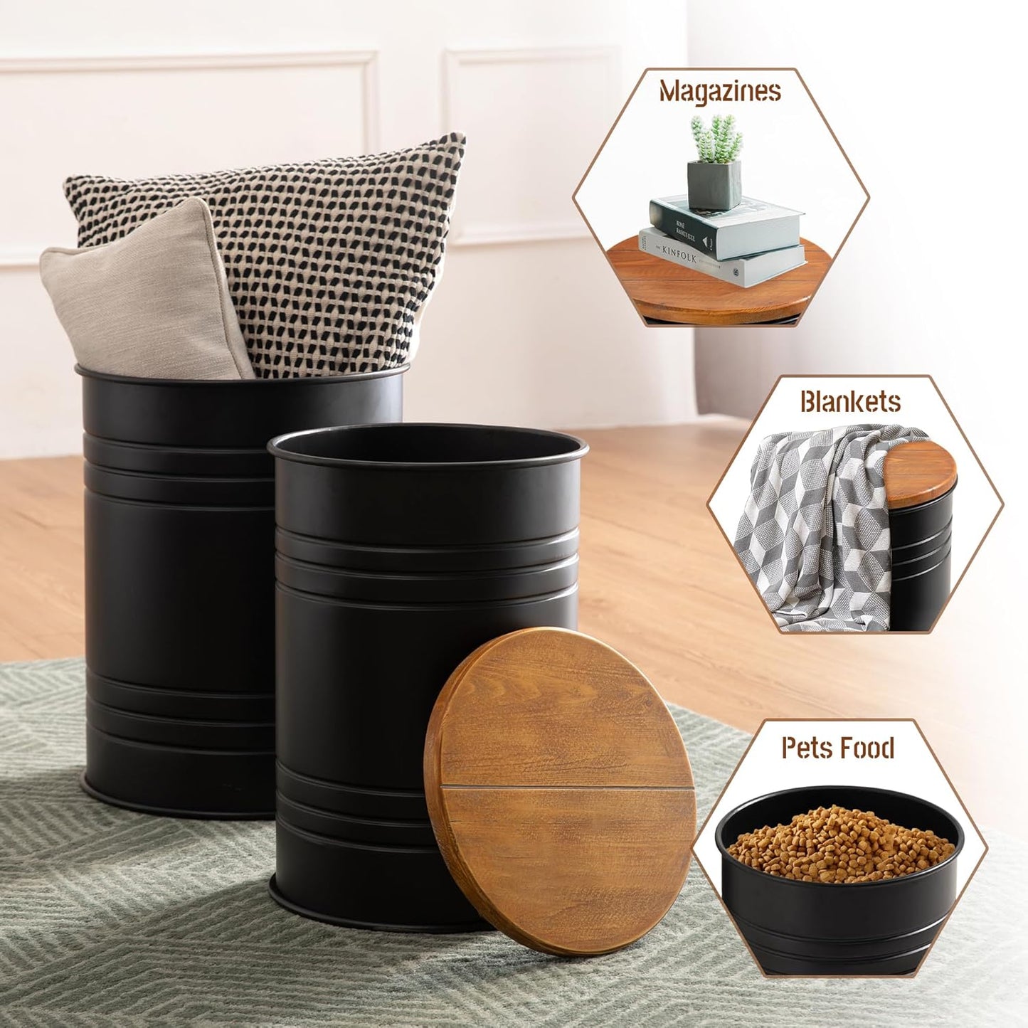 Glitzhome Farmhouse Accent Side Table, Metal Storage Stool Ottoman with Round Lid - Galvanized Coffee Cocktail End Tables Set of 2 for Living Room Bedroom, Black