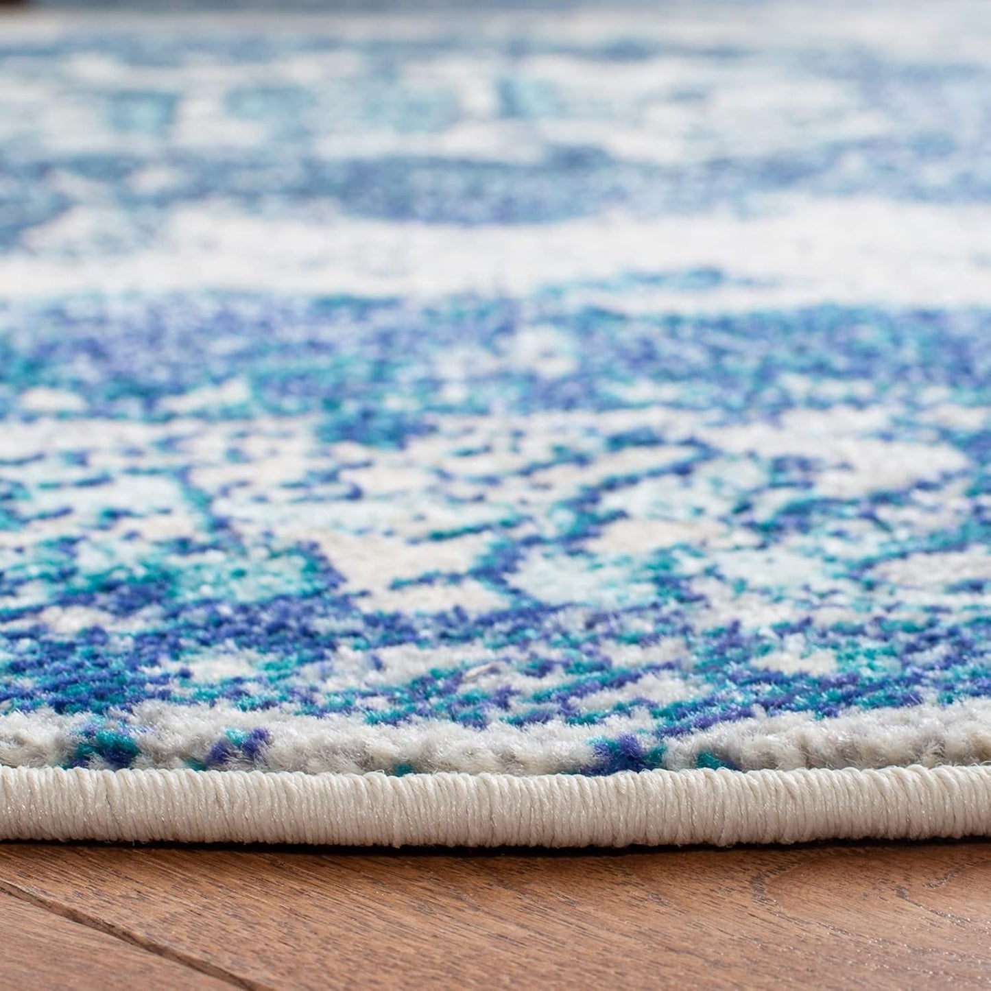 SAFAVIEH Monaco Collection 6'7" Round IvoryBlue MNC243A Boho Chic Medallion Distressed Non-Shedding Living Room Dining Bedroom Foyer Area Rug