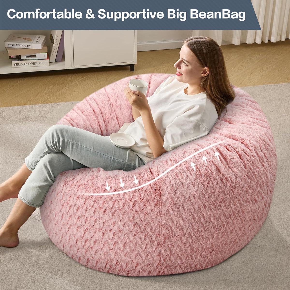 3ft Bean Bag Chairs for Adults Large Beanbag Chair with Chevron Plush Fur Cover Big Bean Bag Chair for Living Room Bedroom Dorm (Pink)
